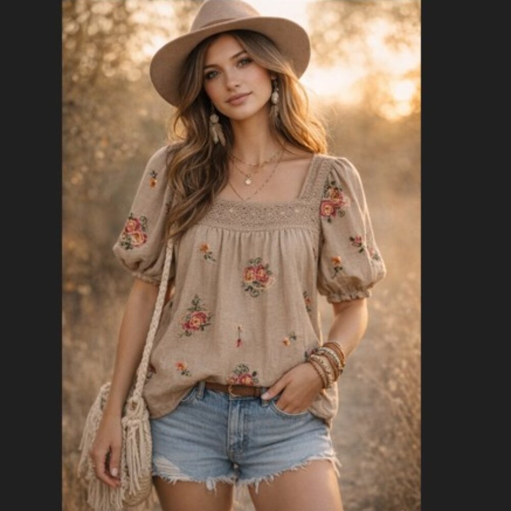 Kindred Aurora Embroidered Top Women's XL Tan Puff Sleeve Crochet Boho Chic